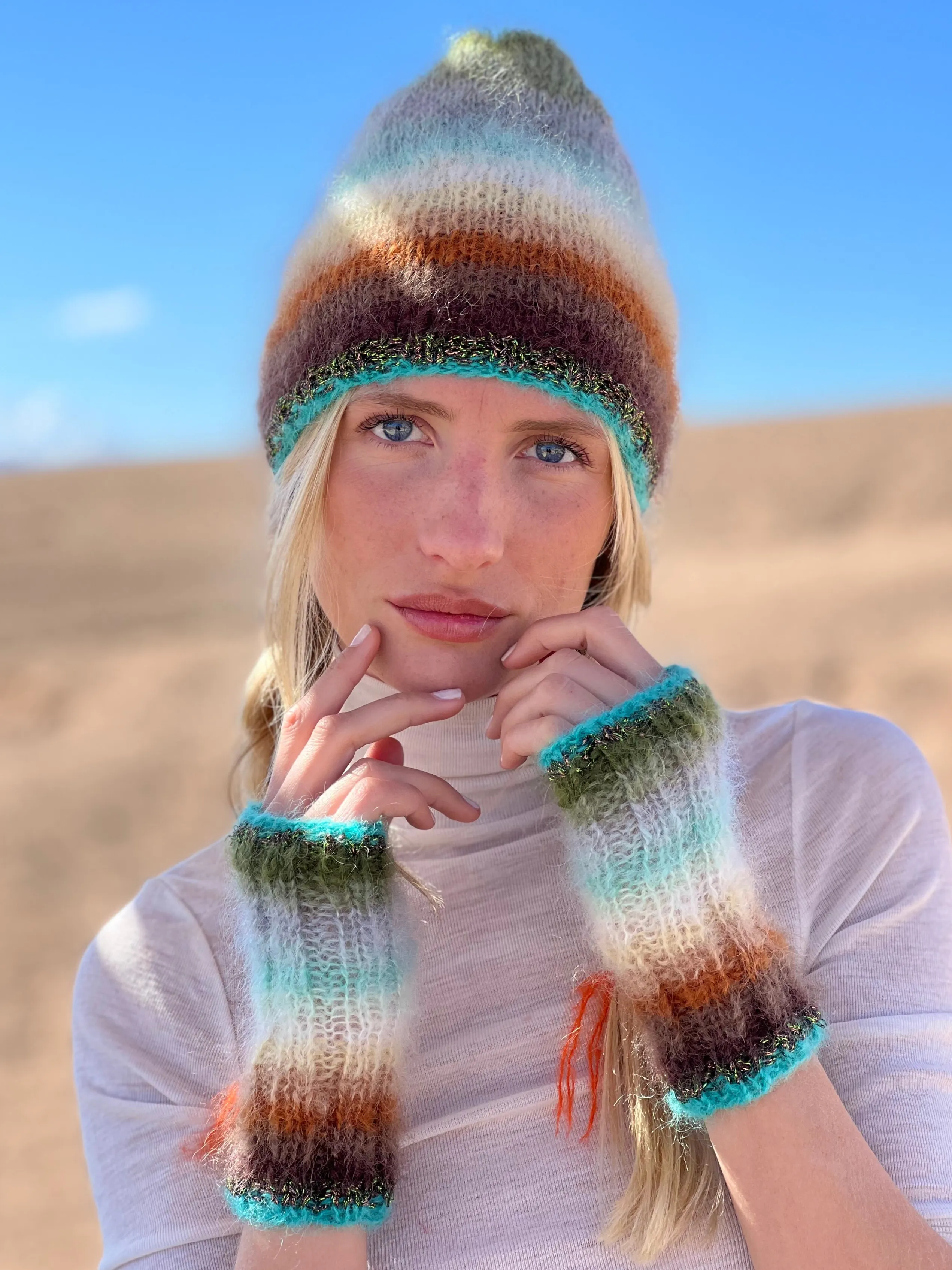 Rose Carmine HAT & MITTENS STRIPES 12 COLORS CHOCO/KAKI- Iconics | Accessories