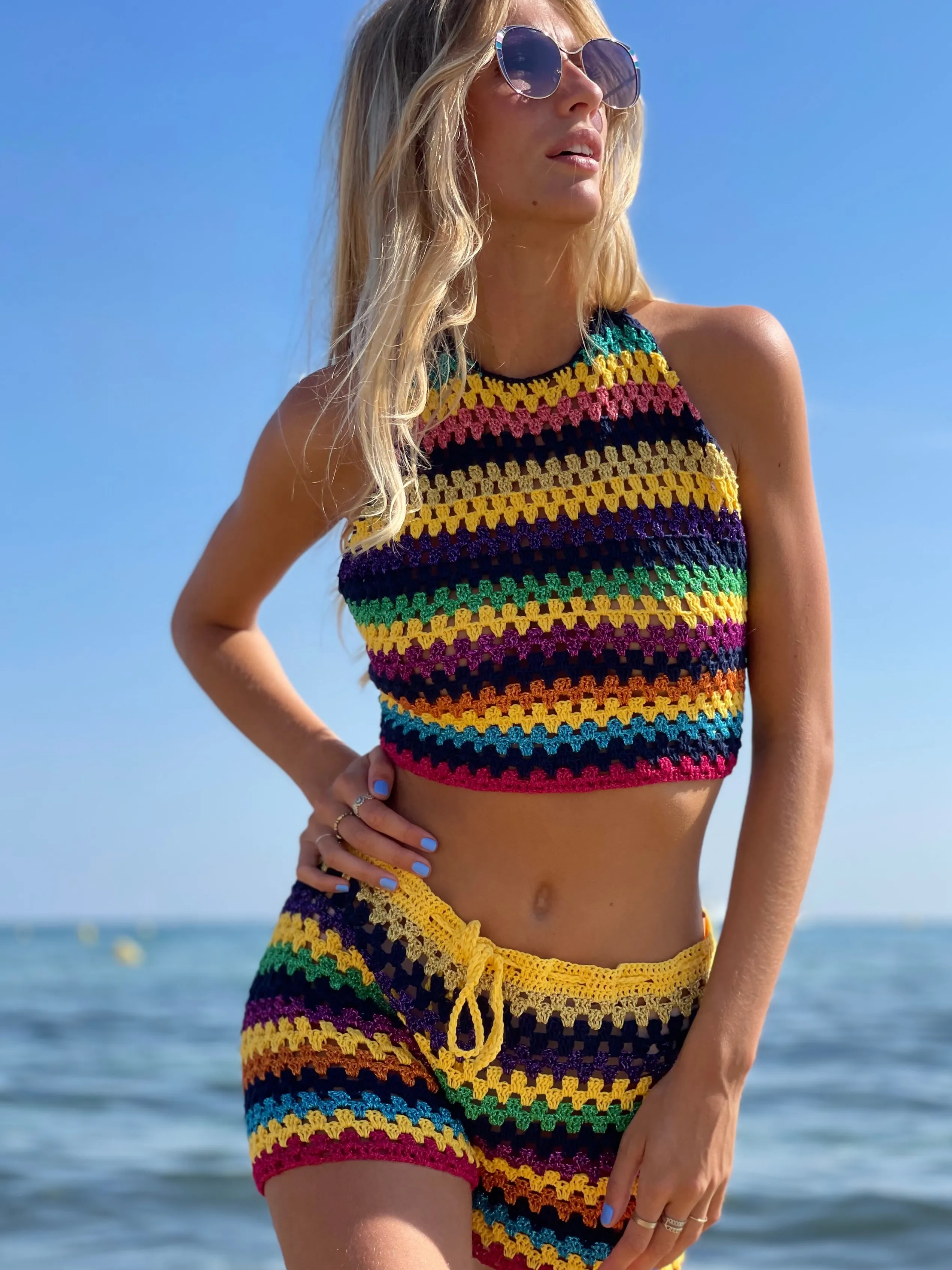 Rose Carmine NAVY / YELLOW STRIPES HALTER TOP- Tops