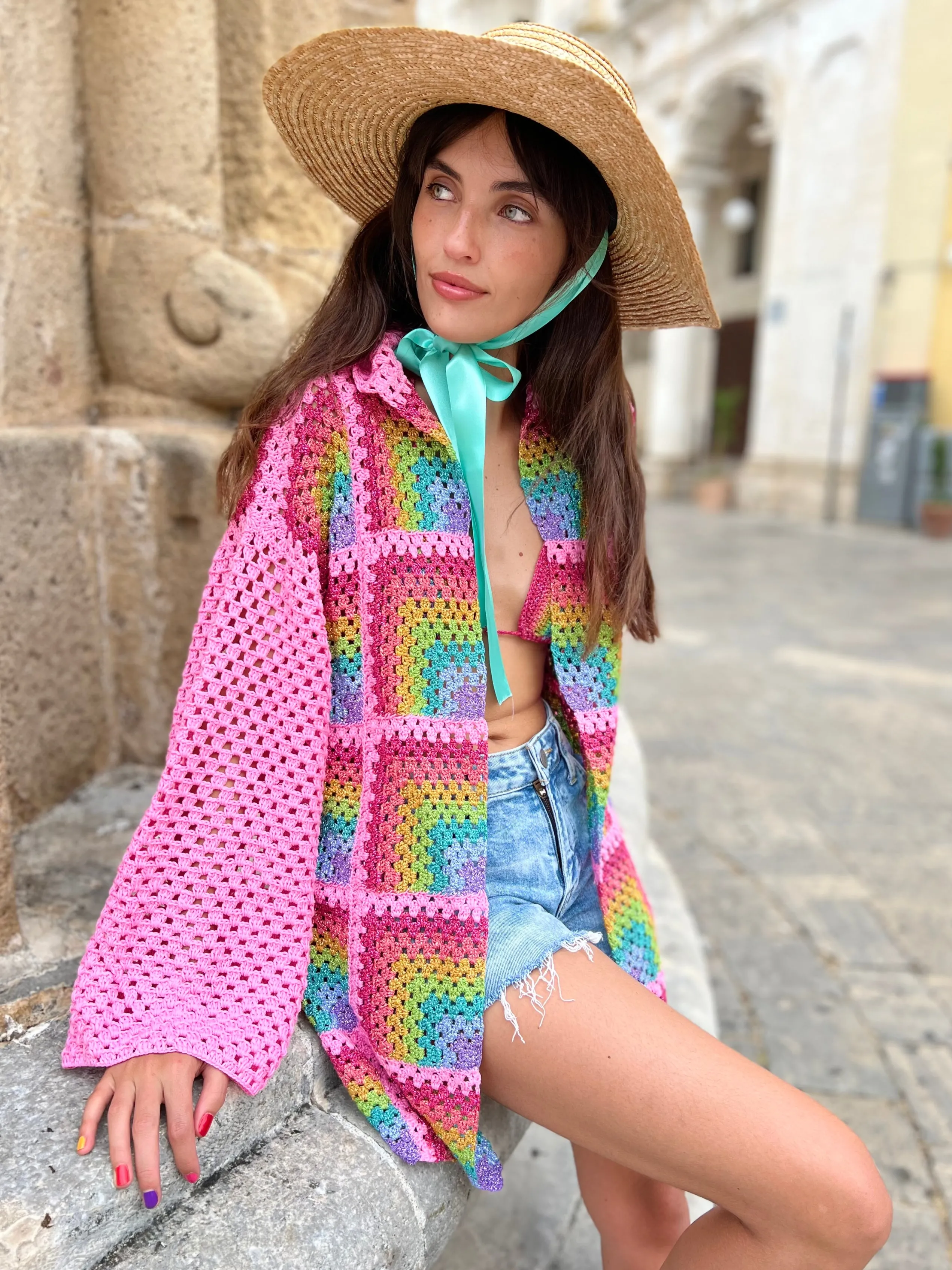 Rose Carmine PINK RAINBOW HOODIE LONG JACKET- Jackets