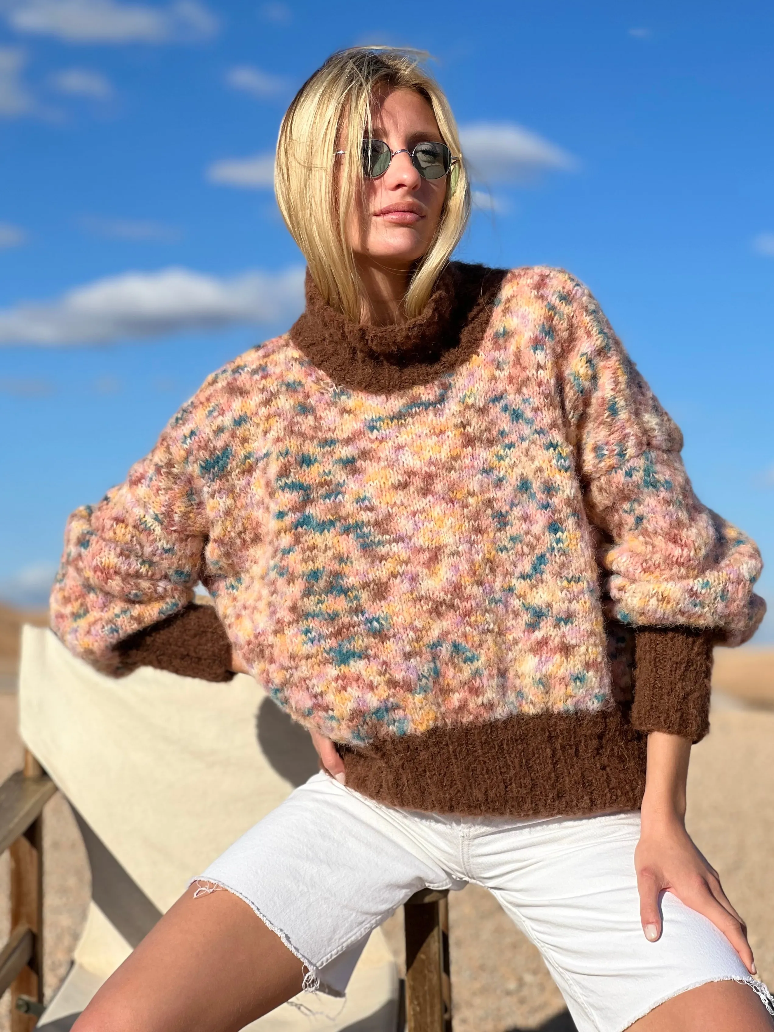 Rose Carmine SWEATER H-NECK OVERSIZE DOUDOU BICOLORE CHOCO- Iconics | Sweaters